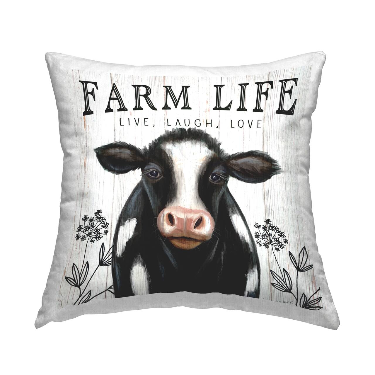 Stupell Industries Farm Life Dairy Cow Sign Wildflower Florals Throw Pillow 18" x 18"